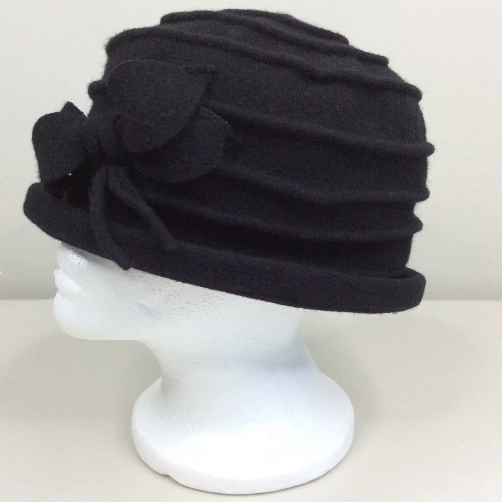 Parkhurst Felted Wool Cloche Hat Women's Floral Bow Embellished Black